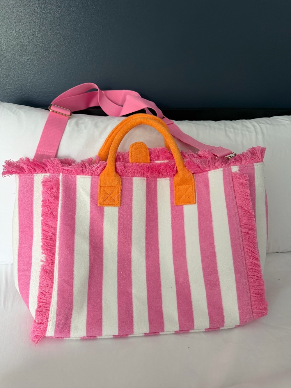 Pink & White Striped Beach Tote with Orange Handles